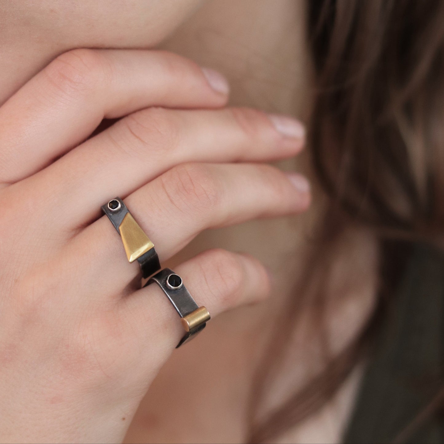 silver brass mix metal ring black spinel square unique contemporary jewelary artisan