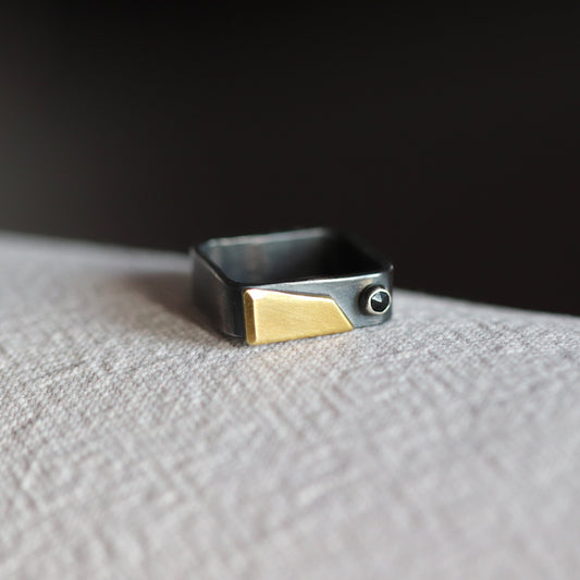 silver brass mix metal ring black spinel square unique contemporary