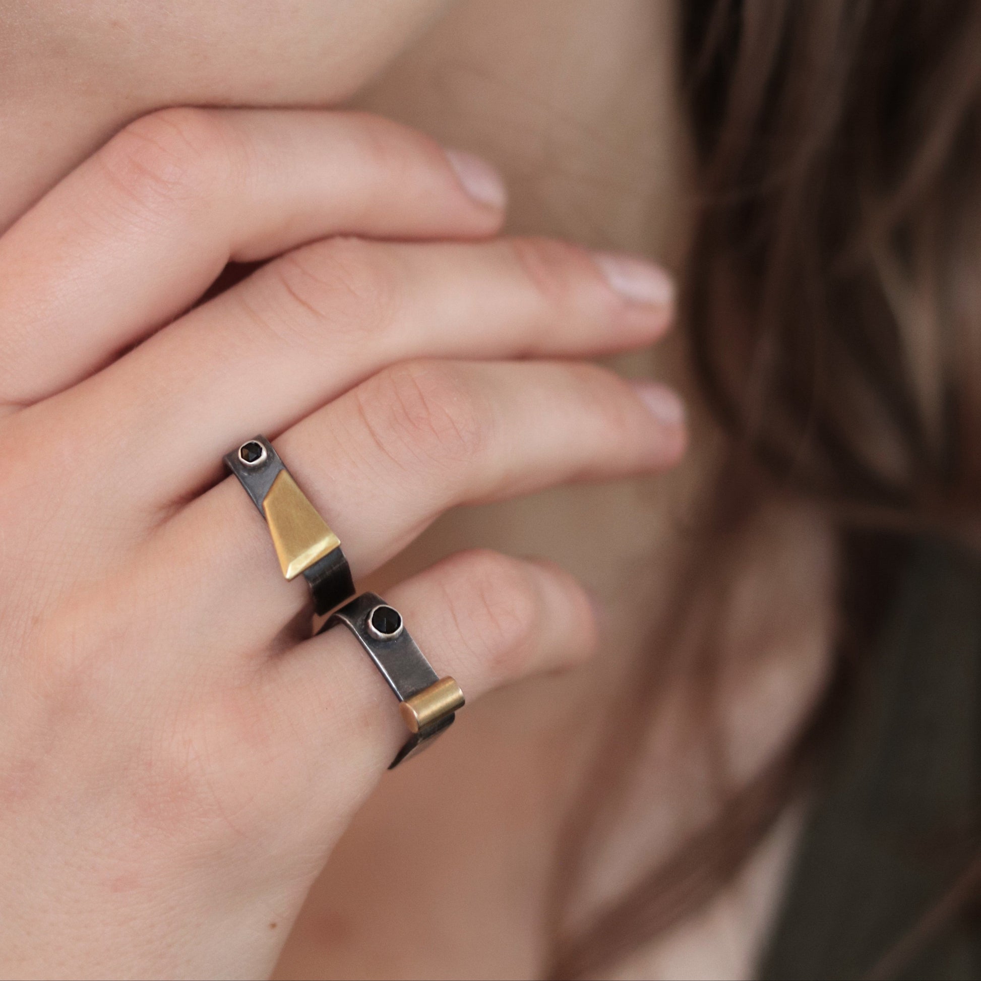 silver brass mix metal ring black spinel square unique contemporary jewelary artisan