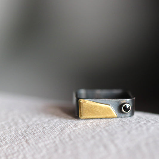 silver brass mix metal ring black spinel square unique contemporary jewelary artisan